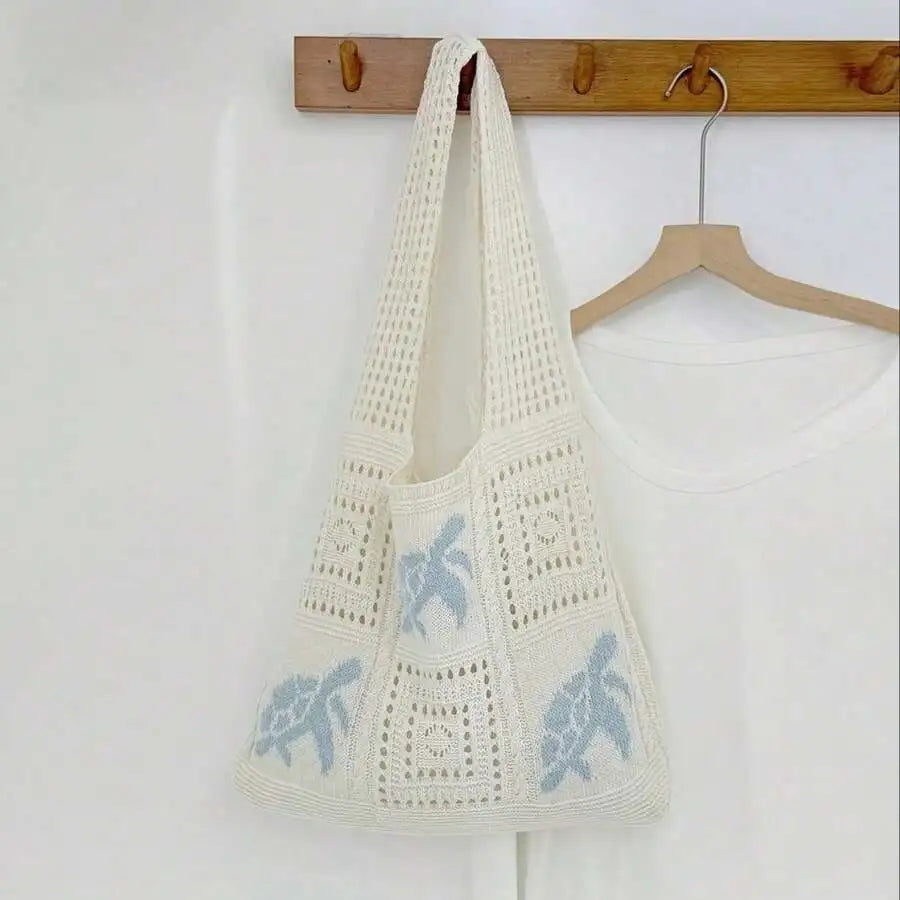Handmade Crochet Tote Bag For Women - Large Lightweight Bohemian Beach Bag With Turtle Embroidery