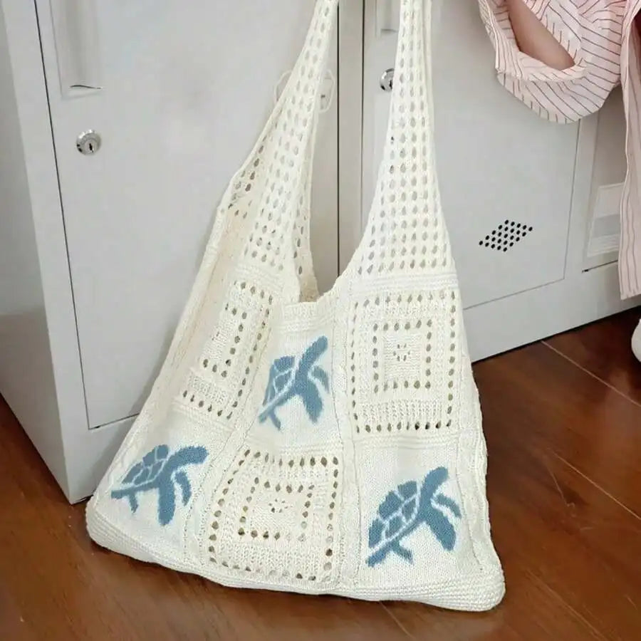 Handmade Crochet Tote Bag For Women - Large Lightweight Bohemian Beach Bag With Turtle Embroidery
