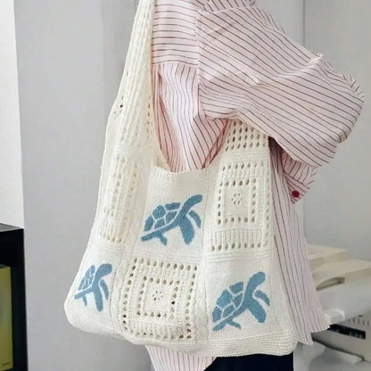 Handmade Crochet Tote Bag For Women - Large Lightweight Bohemian Beach Bag With Turtle Embroidery