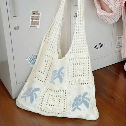 Handmade Crochet Tote Bag For Women - Large Lightweight Bohemian Beach Bag With Turtle Embroidery