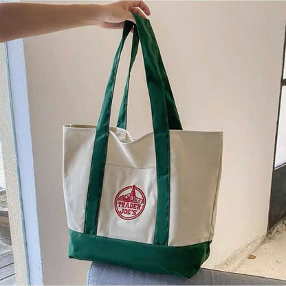 1PCS-Trader Joe Large Tote Shopping Bag Cotton Canvas Embroidered Bag