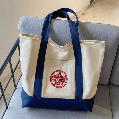 1PCS-Trader Joe Large Tote Shopping Bag Cotton Canvas Embroidered Bag