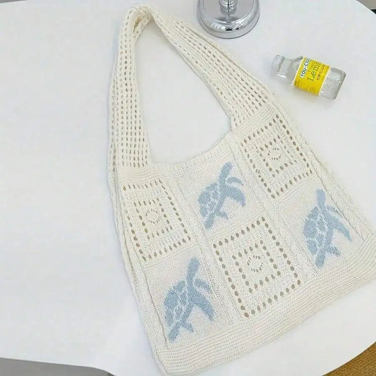 Handmade Crochet Tote Bag For Women - Large Lightweight Bohemian Beach Bag With Turtle Embroidery