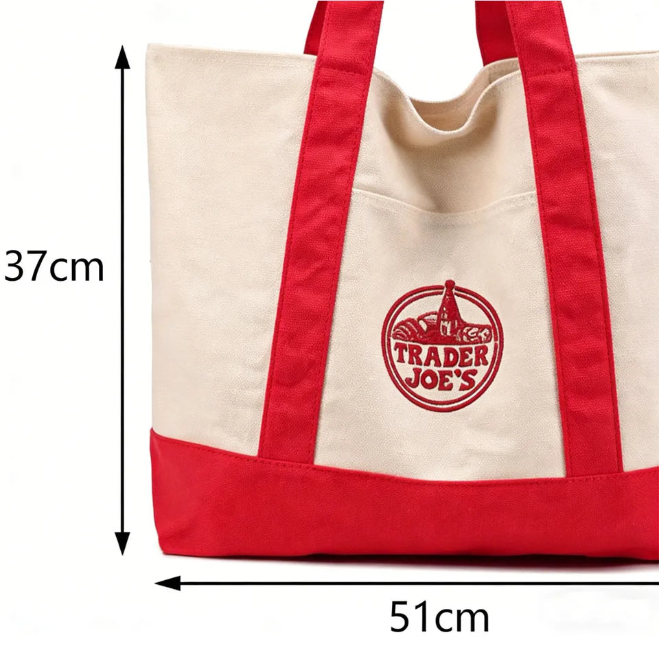 1PCS-Trader Joe Large Tote Shopping Bag Cotton Canvas Embroidered Bag
